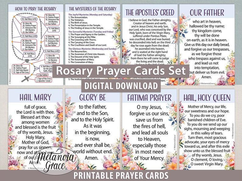 Printable Catholic Rosary Prayer Cards Set, How to Pray the Rosary, Mysteries of the Rosary ...