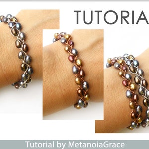 May include: Three bracelets made with silver wire and iridescent pearls in shades of brown, gold, and purple. The bracelets are shown on a person's wrist. Tutorial by MetanoiaGrace.