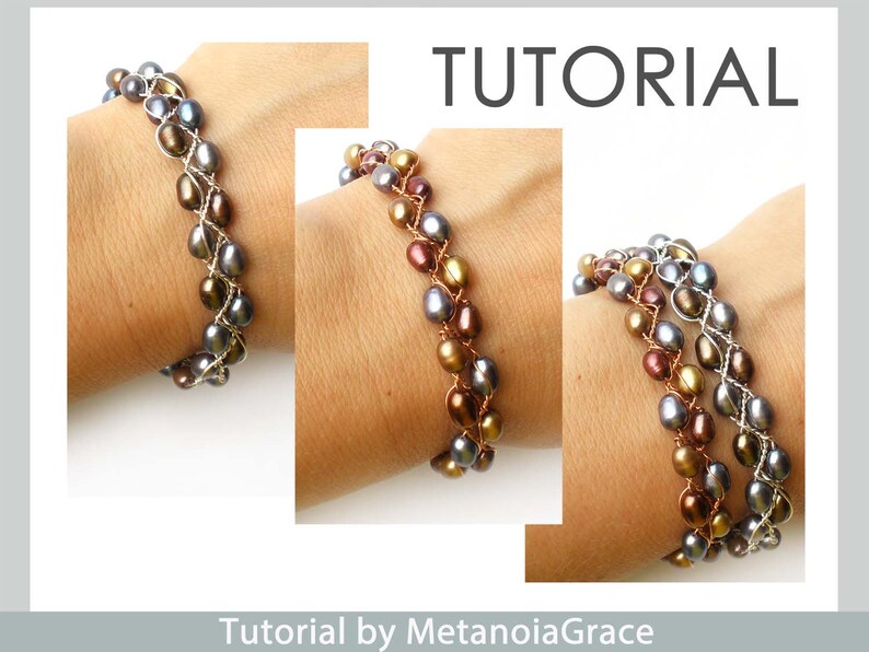 May include: Three bracelets made with silver wire and iridescent pearls in shades of brown, gold, and purple. The bracelets are shown on a person's wrist. Tutorial by MetanoiaGrace.