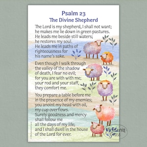 May include: A decorative print featuring the text of Psalm 23, "The Divine Shepherd." The artwork includes colorful illustrations of sheep in a pastoral setting. The print has a watercolor style with soft hues of blue, pink, and orange.