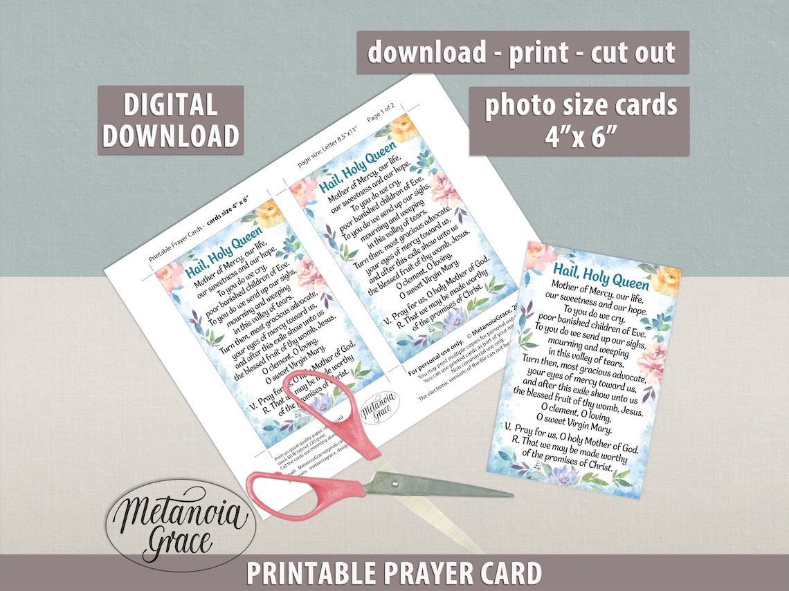 Hail Holy Queen Prayer Card, Printable Mother of Mercy Prayer, Salve ...
