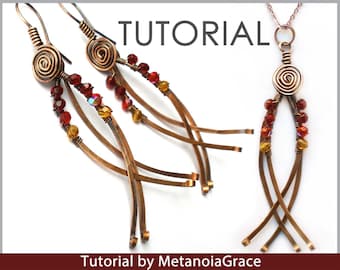 Tutorial de brincos longos, tutorial em PDF de brincos pendentes, tutorial de joias marteladas, tutorial de pingente, molde passo a passo para brincos de miçangas em PDF.