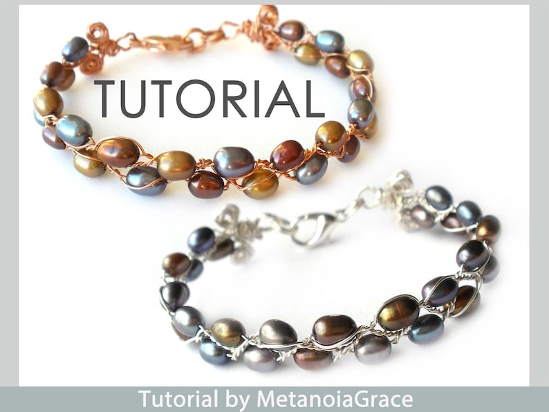 May include: Two bracelets made with wire and pearls. The top bracelet is made with copper wire and brown, gold, and grey pearls. The bottom bracelet is made with silver wire and grey and brown pearls. The bracelets are both in a circular shape and are on a white background. The text "TUTORIAL" is in the centre of the image.