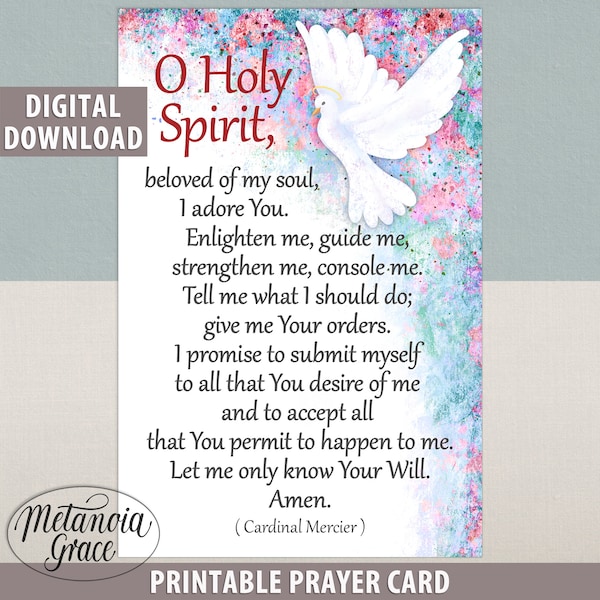 Printable Cardinal Mercier Prayer Card, O Holy Spirit beloved of my soul, Confirmation Gift, Pentecost Prayer Card, Digital Download, pdf