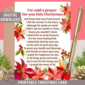 Carte de note de prière de Noël, carte de Noël imprimable, j'ai dit une prière pour vous ce Noël, prière de Noël pour un ami, téléchargement numérique