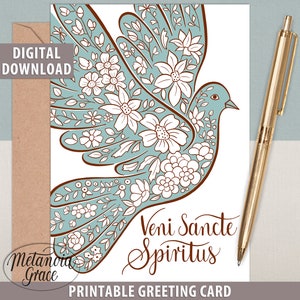 Veni Sancte Spiritus Note Card, Printable Confirmation Card, Pentecost Latin Note Card, Latin Words, Dove Artwork, Digital Download pdf file