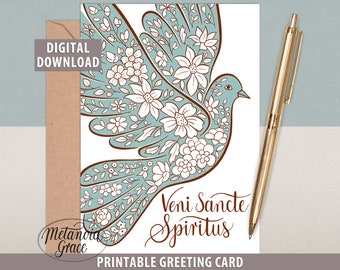 Veni Sancte Spiritus Note Card, Printable Confirmation Card, Pentecost Latin Note Card, Latin Words, Dove Artwork, Digital Download pdf file