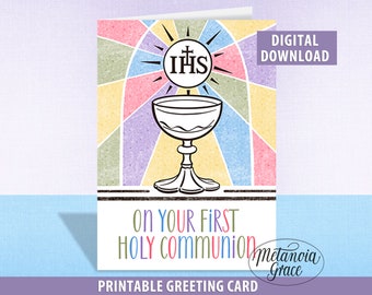 First Holy Communion Printable Note Card, Catholic Communion Card, Chalice and Host Communion note card, Communion gift, Digital Download