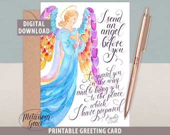 Printable Guardian Angel Note Card, Bible Quote Card, Angel of God Card, I Send an Angel Before You, Exodus 23:20, Digital Download, pdf