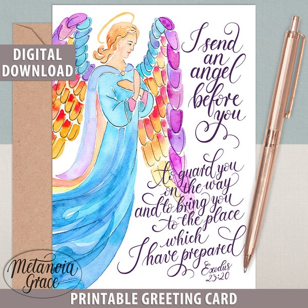 Printable Guardian Angel Note Card, Bible Quote Card, Angel of God Card, I Send an Angel Before You, Exodus 23:20, Digital Download, pdf