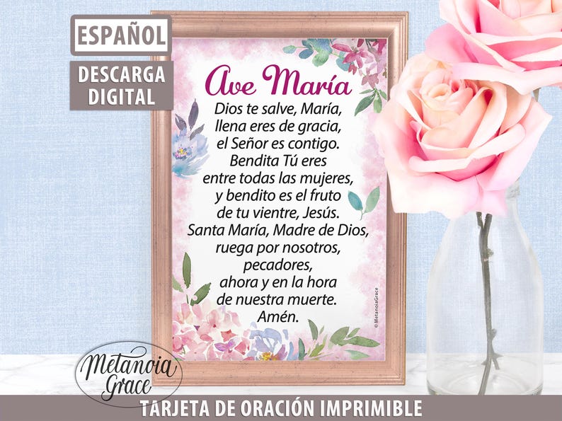 Ave Maria Spanish Prayer Card, Printable Ave Maria Card, Hail Mary