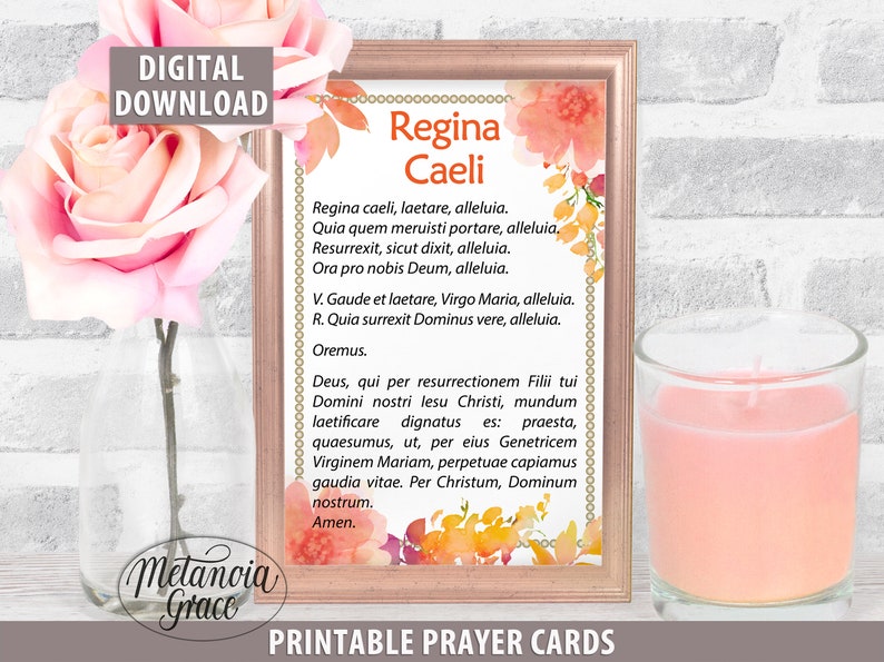 May include: Printable prayer card with a floral design and the text "Regina Caeli" in a gold frame. The prayer text is in Latin and includes the words "alleluia" and "Oremus".