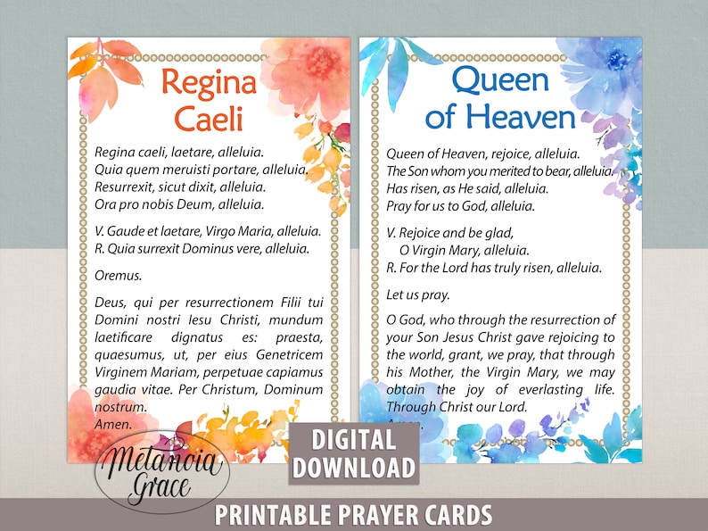 May include: Two printable prayer cards with watercolor floral designs. The card on the left features a peach and orange floral design with the text "Regina Caeli" and a Latin prayer. The card on the right features a blue and purple floral design with the text "Queen of Heaven" and a prayer in English.