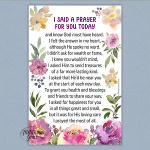 May include: A white card with the text "I Said a Prayer for You Today" surrounded by watercolor floral illustrations in pink, purple, and yellow. The card includes a poem.