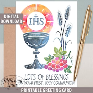 First Communion Card, Lots of Blessings On Your First Holy Communion, Printable Religious Note Card, Chalice and Host, Digital Download, pdf