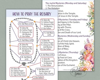 Printable Rosary Prayer Cards, Holy Rosary Diagram, Our Lady Rosary Guide, How to pray the Rosary, Mysteries of the Rosary, Digital Download