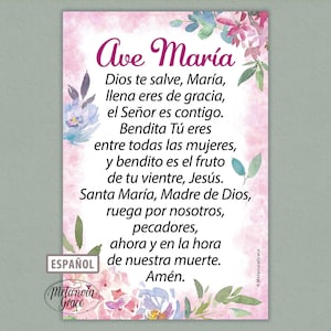 Puede incluir: Una tarjeta con un diseño floral rosa y blanco, con el texto "Ave María" en cursiva. La tarjeta contiene una oración en español, con la palabra "Español" en un recuadro. La tarjeta tiene un diseño floral en acuarela.