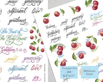 Bible Journaling Stickers, Fruits of The Holy Spirit, Printable Stickers,  Cherries, Love, Joy, Patience, Peace, Digital Download pdf file