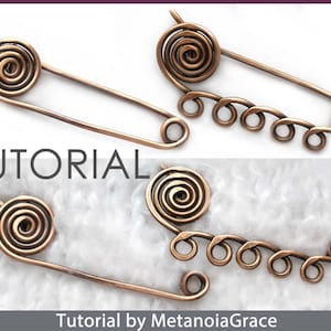 May include: Two copper wire brooches with a spiral design. The brooches are attached to safety pins. The brooches are on a white fuzzy surface. The text "TUTORIAL" is in the image. The text "Tutorial by MetanoiaGrace" is at the bottom of the image.