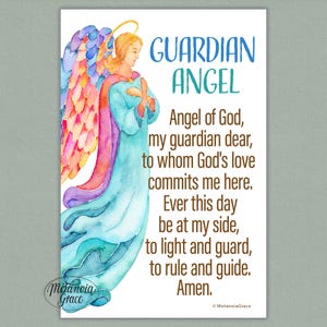 May include: A watercolour print of a guardian angel with vibrant wings and a halo. The words "GUARDIAN ANGEL" are above a prayer. The angel is in a flowing blue robe. The artist's signature is in the lower left corner of the print.