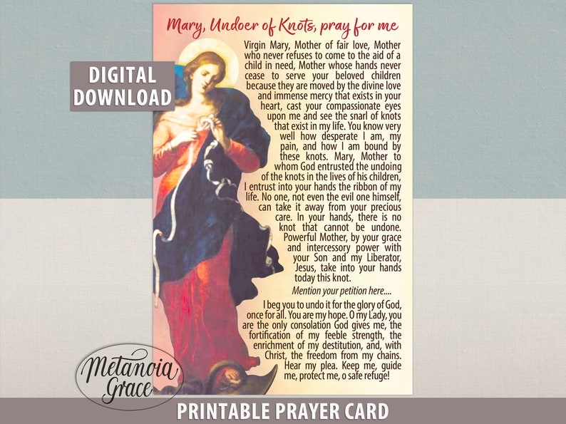 Mary Undoer of Knots Printable Mary Untier of Knots Prayer Card Our Mary Undoer of Knots Printable Mary Untier of Knots Prayer Card Our