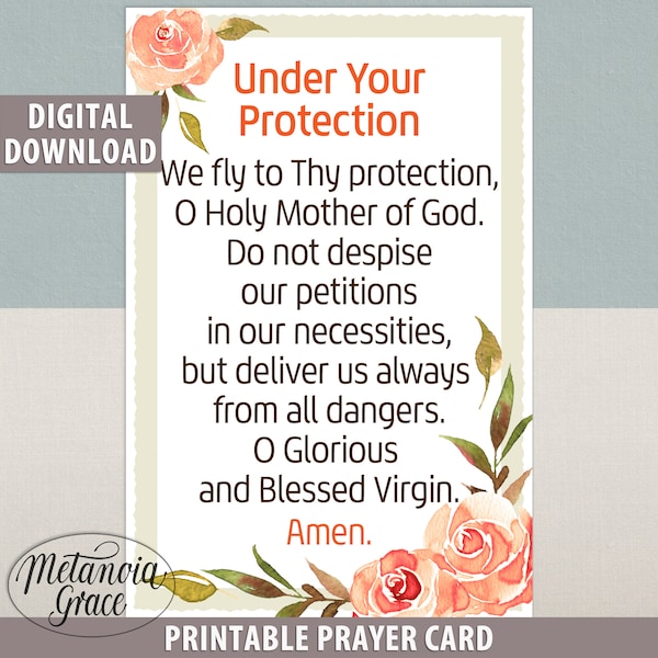 We fly to Thy protection, Printable Under Your Protection Prayer Card, Sub Tuum Praesidium, Holy Mary Mother of God, Digital Download pdf