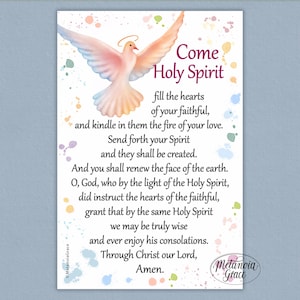 May include: A white card featuring the text "Come Holy Spirit" and a prayer, with a dove and halo illustration. Pastel watercolour paint splatters decorate the card.
