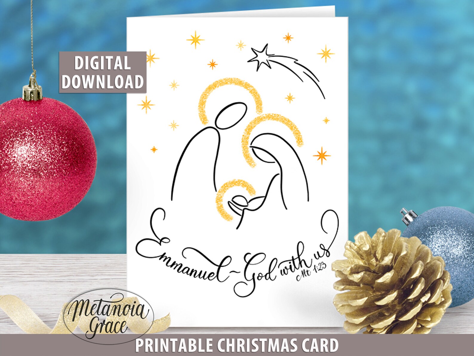 Printable Nativity Christmas Card, Religious Christmas Card, Emmanuel ...