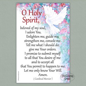 May include: A rectangular card with the text "O Holy Spirit" and a prayer. A white dove is depicted on the right side of the card. The background has a watercolor effect with pink, blue, and green hues.