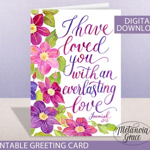 Jeremías 31:3, Tarjeta de amor con versículo bíblico imprimible, Cita de las Escrituras San Valentín, Te he amado con amor eterno, descarga digital pdf