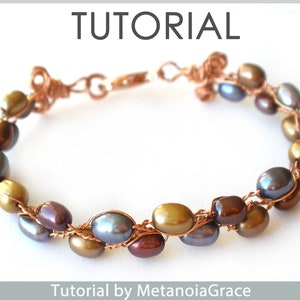 May include: A tutorial for making a wire-wrapped bracelet with brown, gold, and grey beads. The bracelet is made with copper wire and has a clasp closure. The tutorial is by MetanoiaGrace.