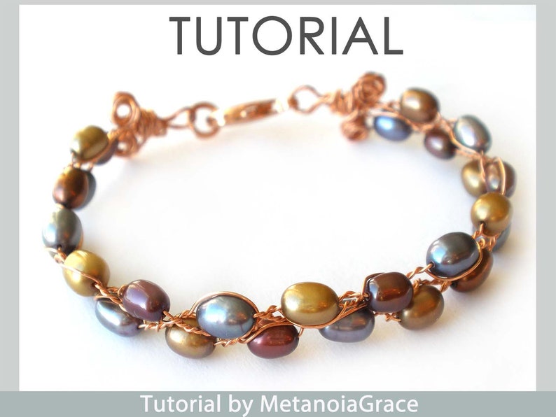May include: A tutorial for making a wire-wrapped bracelet with brown, gold, and grey beads. The bracelet is made with copper wire and has a clasp closure. The tutorial is by MetanoiaGrace.