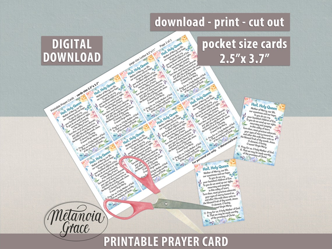 Hail Holy Queen Prayer Card, Printable Mother of Mercy Prayer, Salve ...