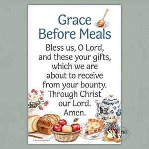 Pode incluir: Uma impressão retangular com o texto "Grace Before Meals" e uma oração. A imagem inclui ilustrações de comida, uma chaleira e uma colher. A paleta de cores é suave, com foco em tons quentes.