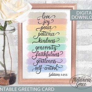 Puede incluir: Tarjeta de felicitaci&oacute;n imprimible con un fondo de acuarela arco&iacute;ris y el texto "love, joy, peace, patience, kindness, generosity, faithfulness, gentleness, self-control, Galatians 5:22-23". La tarjeta tambi&eacute;n incluye el texto "Metanoia Grace" en la parte inferior.