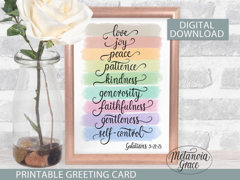 Puede incluir: Tarjeta de felicitaci&oacute;n imprimible con un fondo de acuarela arco&iacute;ris y el texto "love, joy, peace, patience, kindness, generosity, faithfulness, gentleness, self-control, Galatians 5:22-23". La tarjeta tambi&eacute;n incluye el texto "Metanoia Grace" en la parte inferior.