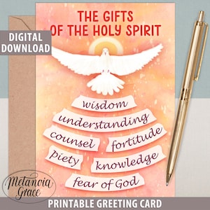 Gifts of The Holy Spirit Note Card, Printable Confirmation Card, Pentecost Note Card, Gifts of The Spirit Card, Digital Download pdf file