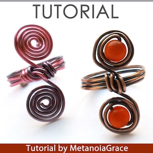 May include: Two wire wrapped rings with a tutorial by MetanoiaGrace. The ring on the left is made with copper wire and has a spiral design. The ring on the right is made with copper wire and has a spiral design with an orange stone in the centre.