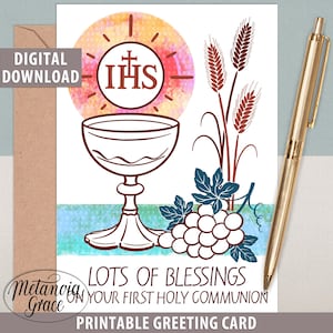 Printable First Holy Communion Card, Blessings On Your First Communion, Modern Religious Note Card, Chalice and Host, Digital Download, Pdf