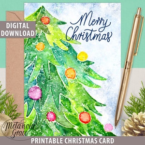 Druckbare frohe Weihnachten Karte, Weihnachtsbaum Karte, Aquarell festliche Karte, Weihnachtsgrüße, digitaler Download, pdf