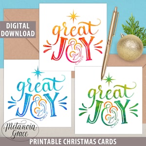 Tarjetas de Navidad de Natividad imprimibles conjunto de 3, Tarjetas de Navidad cristianas, Navidad de gran alegría, Navidad de Jesús María José, descarga digital