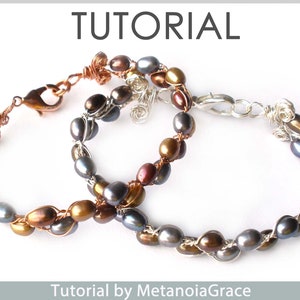 May include: Two wire-wrapped bracelets featuring brown, gold, and grey pearls. The bracelets are crafted with copper and silver wire. The bracelets are displayed against a white backdrop. Tutorial by MetanoiaGrace.