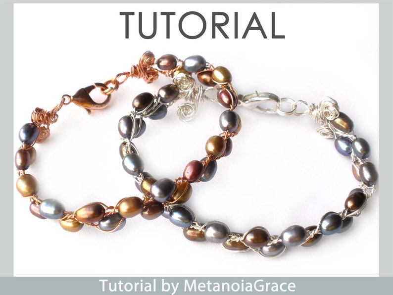 May include: Two wire-wrapped bracelets featuring brown, gold, and grey pearls. The bracelets are crafted with copper and silver wire. The bracelets are displayed against a white backdrop. Tutorial by MetanoiaGrace.