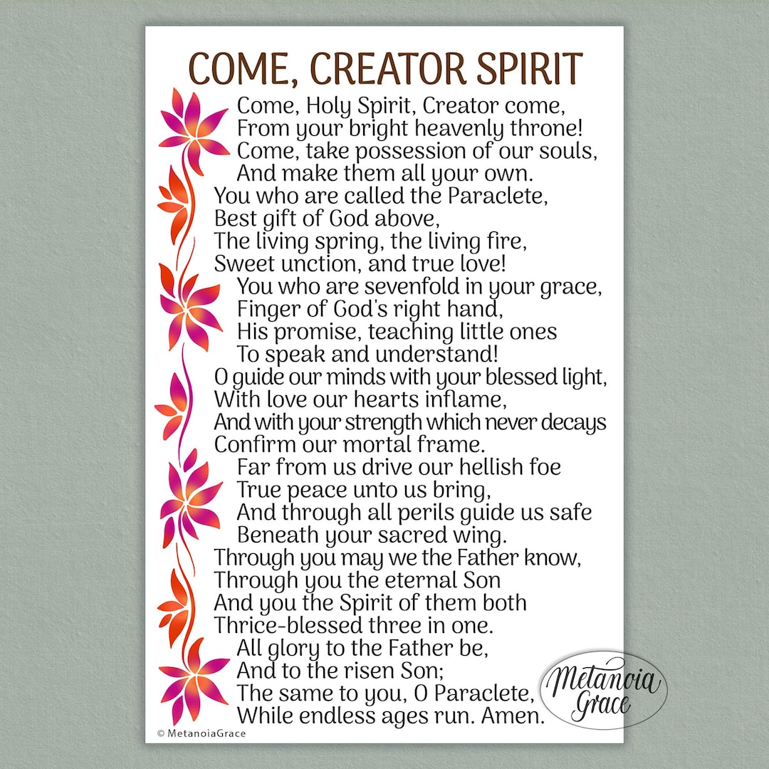 Come Creator Spirit, Printable Pentecost Holy Spirit Hymn, Holy Ghost ...