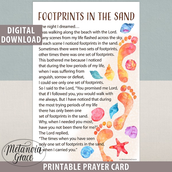 Footprints In The Sand Printable Card, Footsteps In The Sand Prayer, Footsteps Card, Footprints Poem, Footsteps Prayer, Digital Download pdf