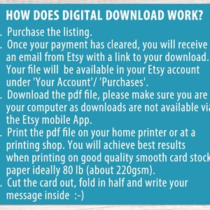 Puede incluir: Un cuadro de texto azul y blanco con instrucciones sobre c&oacute;mo descargar un archivo digital de Etsy. El texto explica c&oacute;mo comprar la lista, descargar el archivo PDF e imprimirlo en una impresora dom&eacute;stica o en una tienda de impresi&oacute;n. El texto tambi&eacute;n recomienda usar papel de cartulina de 80 lb para obtener los mejores resultados.