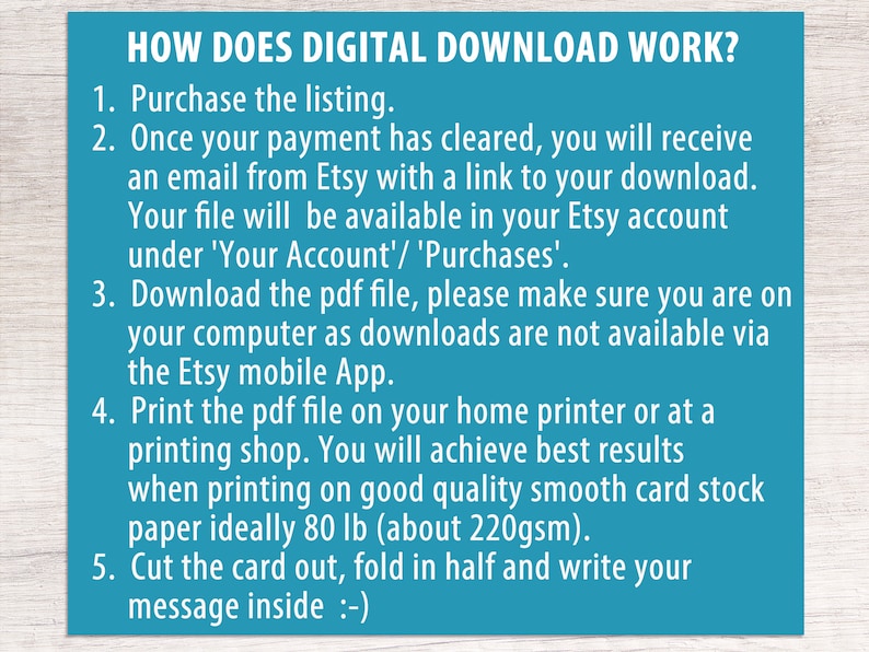 Puede incluir: Un cuadro de texto azul y blanco con instrucciones sobre c&oacute;mo descargar un archivo digital de Etsy. El texto explica c&oacute;mo comprar la lista, descargar el archivo PDF e imprimirlo en una impresora dom&eacute;stica o en una tienda de impresi&oacute;n. El texto tambi&eacute;n recomienda usar papel de cartulina de 80 lb para obtener los mejores resultados.