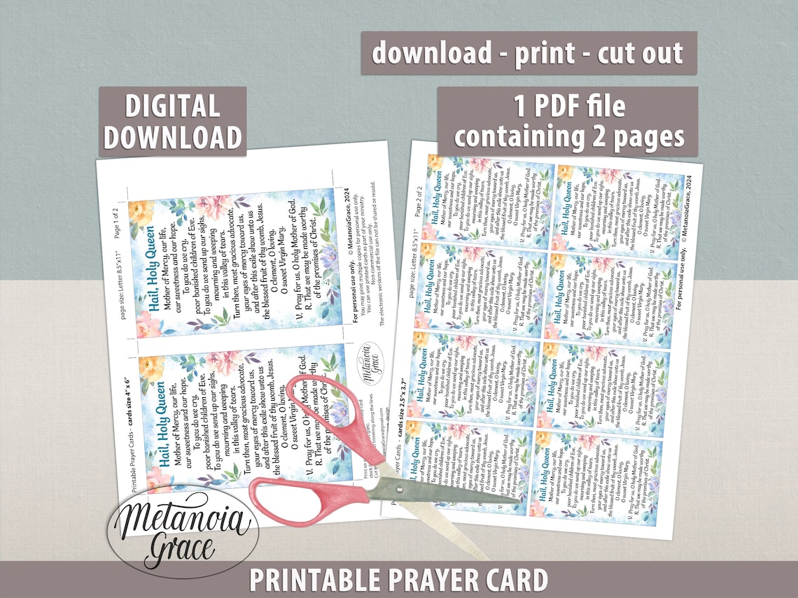 Hail Holy Queen Prayer Card, Printable Mother of Mercy Prayer, Salve ...