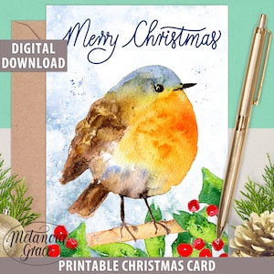 Red Robin Karte, druckbare Frohe Weihnachtskarte, Weihnachtskarte, Weihnachtskarte, festliche Karte, Weihnachtsgrüße, digitaler Download pdf