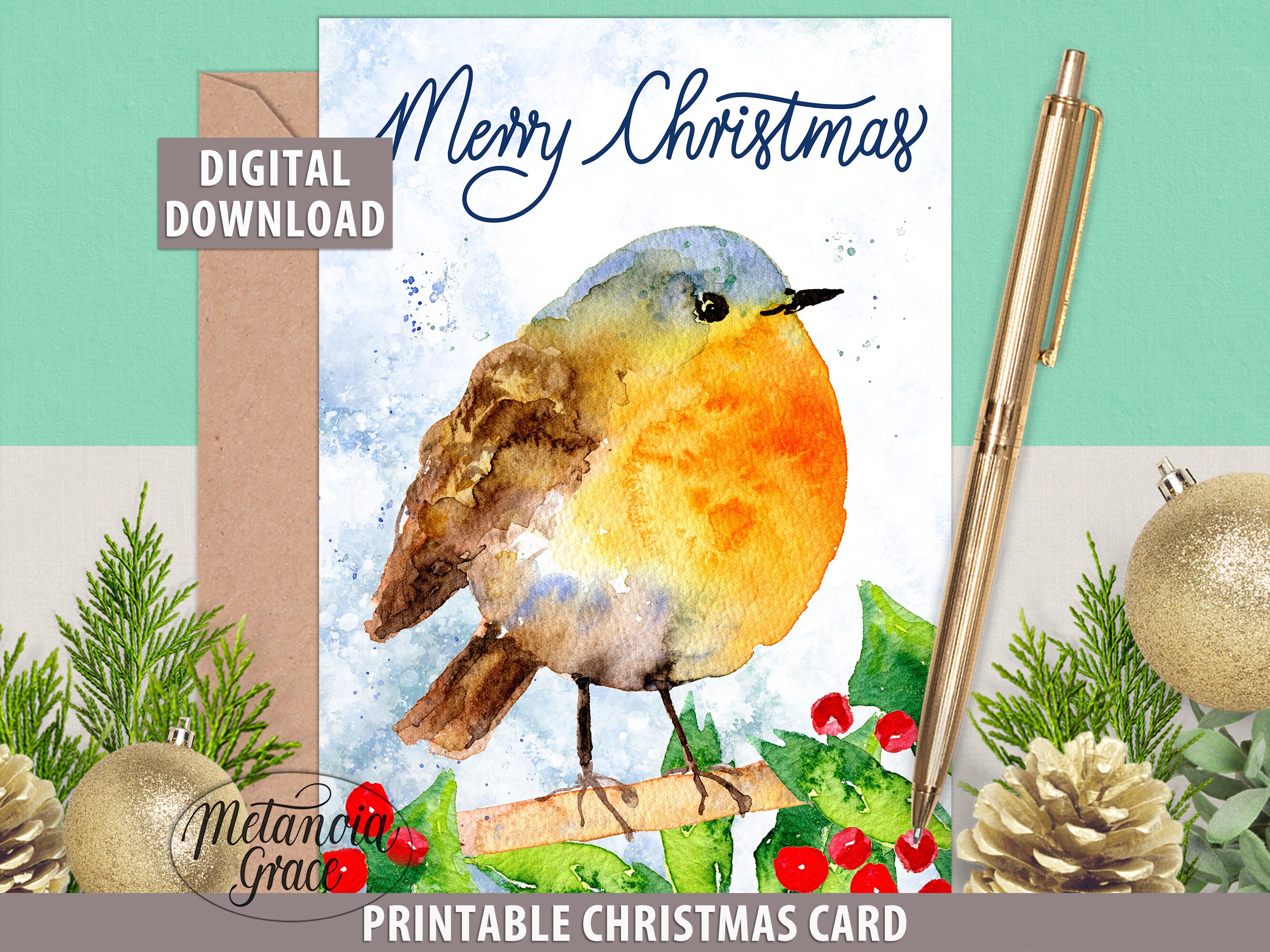 Red Robin Card, Printable Merry Christmas Card, Christmas Robin Card ...